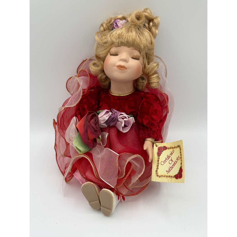 Collectors Choice Porcelain Musical Doll Sleeping Blonde Red Velvet Dress 9 inch